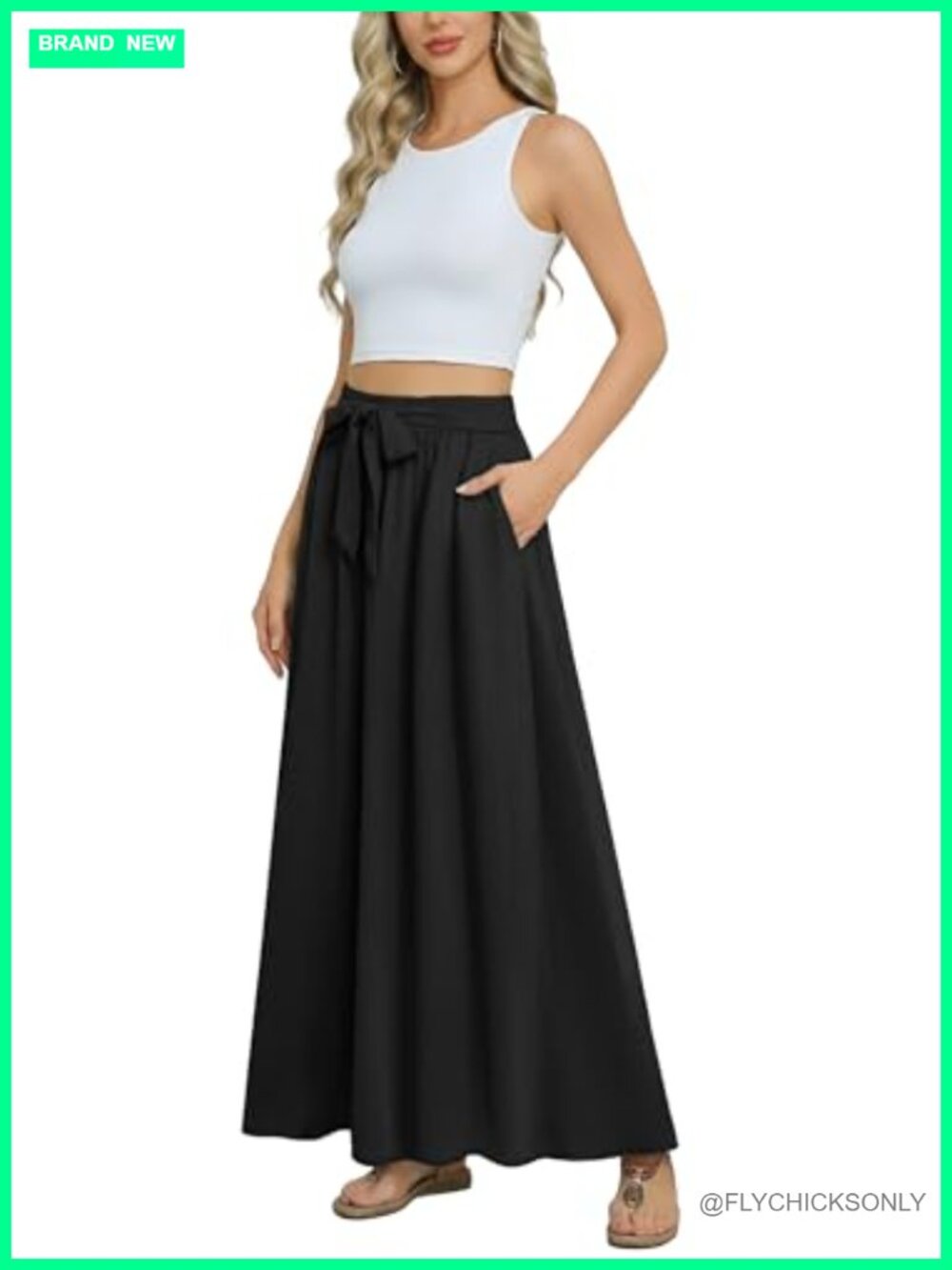 Womens Maxi Skirt Tie Knot Elastic High Waisted Flowy Swing Pockets